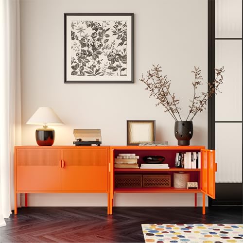 Image of COFaR TV Stand for TVs up to 75 Inch, 40''L Media Console with Ventilation Doors, Metal Entertainment Center with Adjustable Shelves & 120Lbs Storage for Living Room & Bedroom, Orange