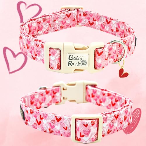 Image of Valentine's Pink Line Love-Heart Dog Collar for X-Small Dogs | Valentine Pet Outfit,Wedding,Anniversary,Daily Walks,Adjustable,Cotton Fabric,Quick Release Plastic Buckle,Pendant,Female Dog