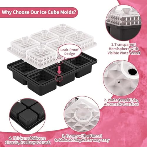 Image of Premium Large 3D Crystal Square Ice Cube Tray, Silicone Molds for Chilling Drinks, Chocolates, Juice, Jelly and Many More. (Pink)