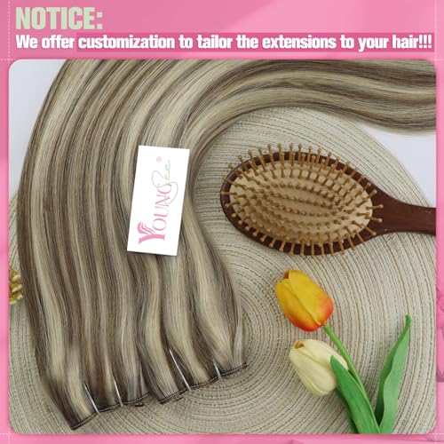 Image of YoungSee Wire Hair Extensions Highlight Invisible Wire Hair Extensions Real Human Hair Highlights Light Brown with Platinum Blonde Fish Line Hair Extension for Short Hair 75G 12Inch