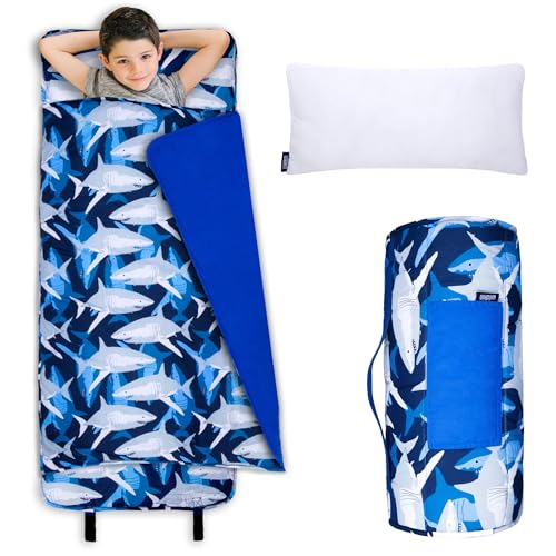Image of Wildkin Original Nap Mat with Pillow for Toddler Boys and Girls, Measures 50 x 20 x 1.5 Inches, Ideal for Daycare and Preschool, Mom's Choice Award Winner, BPA-Free, Olive Kids (Sharks)