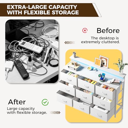 Image of NEWBULIG Wooden Top Media Console for 32-52 inch Dresser TV Stand with 9 Fabric Drawers & Open Shelves, Entertainment Center with LED Lights & Charging Station for Bedroom, White