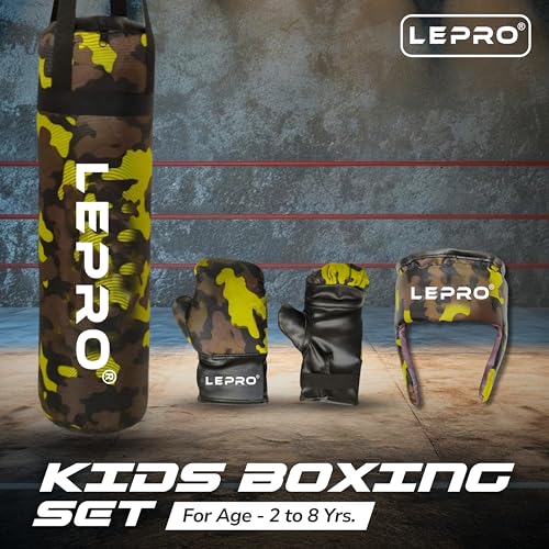 Image of LEPRO Kids Boxing Kit, Kids Punching Bag Set, Hanging Boxing Bag with Boxing Gloves & Headgear, Kids Boxing Set for 2-8 Years for Karate Muay Thai Kick Taekwondo Training (Camo Green)