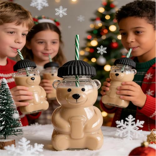 Image of New Glass Bear Straw Cup 600ML Cute Bear Glass Tumbler with Reusable Straw - Viral Animal Design for Smoothies, Boba & Iced Coffee (Black)