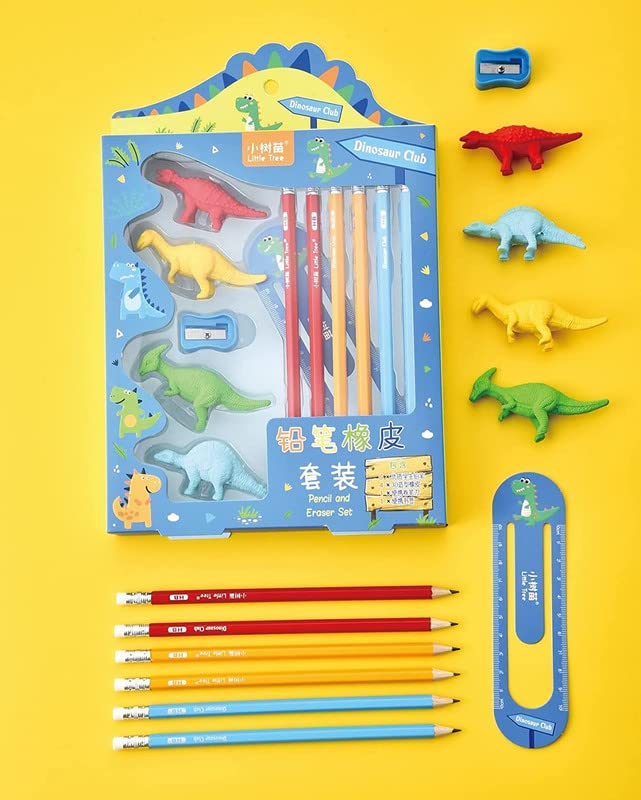 Image of Crackles Dinosaur Stationery Kit with Pencils, Erasers, Sharpener, Ruler Bookmark, Pencil Grip Combo Set for Best Return Gift