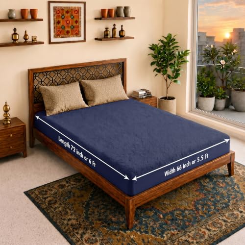 Image of Lithara Terry Cotton Fitted Mattress Protector for Queen /Double Bed | Waterproof & Elastic Band | Ultra Soft & Hypoallergenic Mattress Cover | Size : 66 x 72 Inches (5.5 x 6 Feet) | (Navy Blue)