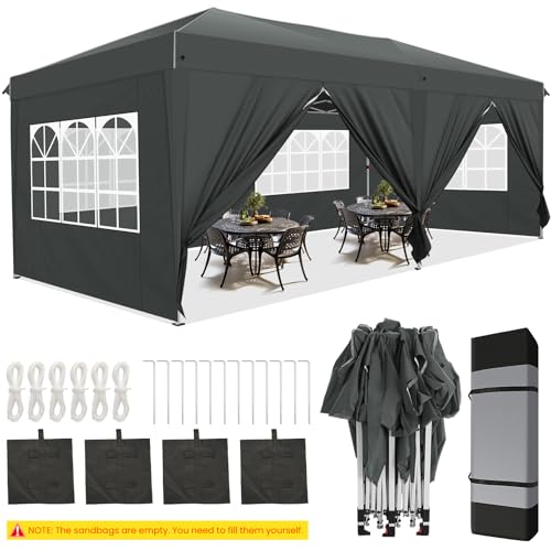 HOTEEL 10x20 Pop Up Canopy with 6 Sidewalls,One-Push Setup Canopy Tent with 8 Windbreak Poles,Waterproof Shade 10x20,Outdoor Canopies for Parties,Weddings,Camping,Patios (Grey)