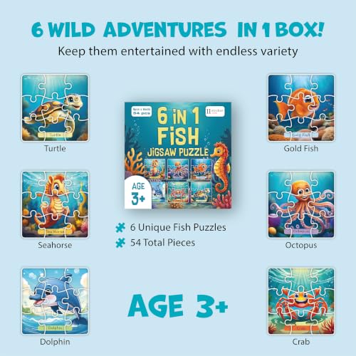 Image of 11 Strokes 6 in 1 Fish Jigsaw Puzzle for Kids Age 3+ | 54 Pieces | Clownfish Dolphin Shark Octopus Turtle Crab | Premium MDF | Ocean Educational Toy