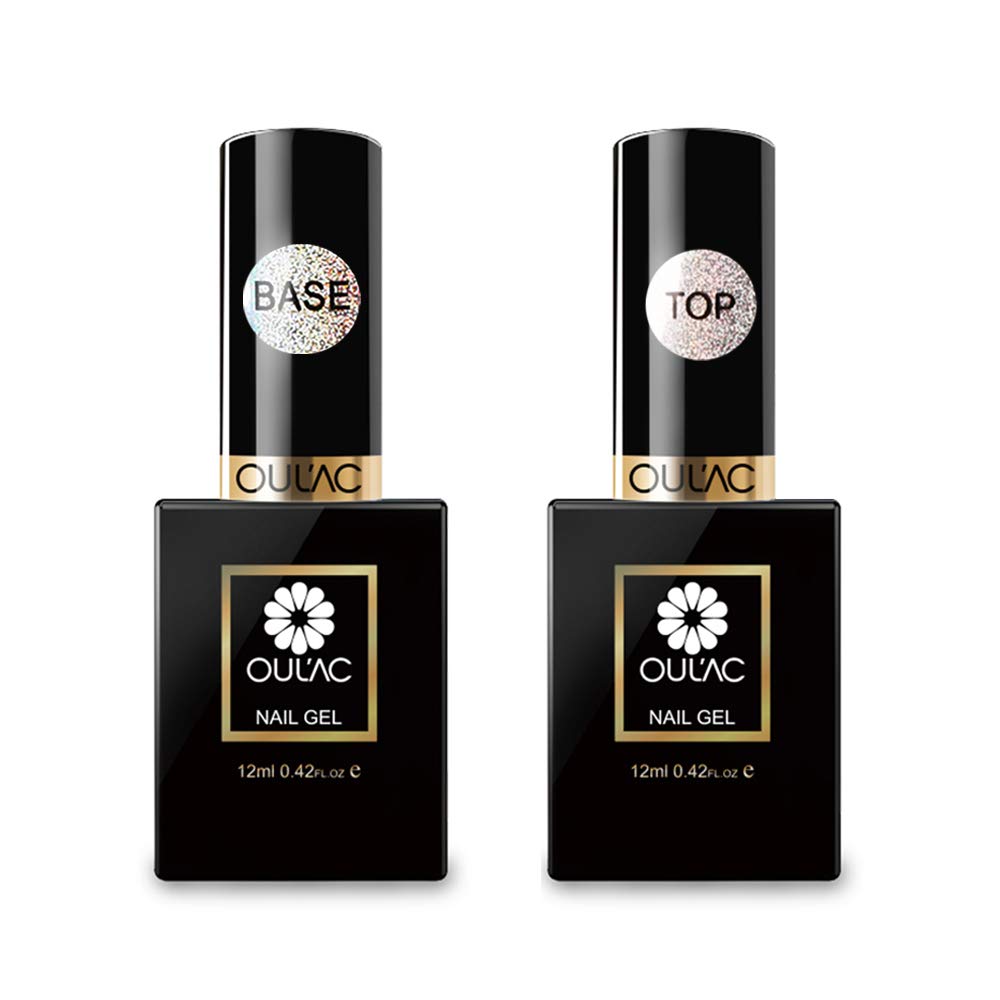 Oulac Gel Top Coat and Base Coat Set - 2x12ML No Wipe Top Coat and Base Coat Gel Polish Soak Off UV LED Drying, Gel Nail Polish Long Lasting Shiny Nail Varnish Set, Glossy Finish, Vegan & Cruelty-Free