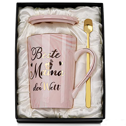 Geschenke für Mama Geschenk, Beste Mama der Welt Tasse - Lustig Mutter Geburtstagsgeschenk Muttertag Muttertagsgeschenke, 400ml Rosa Marmor Kaffeetasse mit Deckel Löffel Grußkarte, Edle Geschenkbox