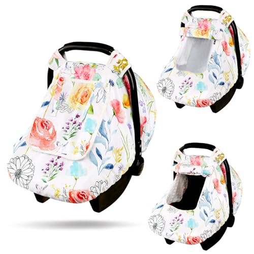 Image of Jundetye Car Seat Covers for Babies, Winter Baby Car Seat Cover with Peep Mesh Window, Windproof Infant Car Seat Canopy for Girls Boys, White Flower