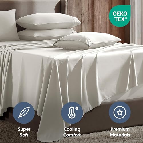 Image of Nestl Extra Deep Twin XL Sheet Set - 4 Piece Breathable & Cooling Sheets - Hotel Luxury Bedding Set w /18-24 Inch Deep Pockets - Easy & Secure Fit - Super Soft, Wrinkle Free & Comfy - Off White
