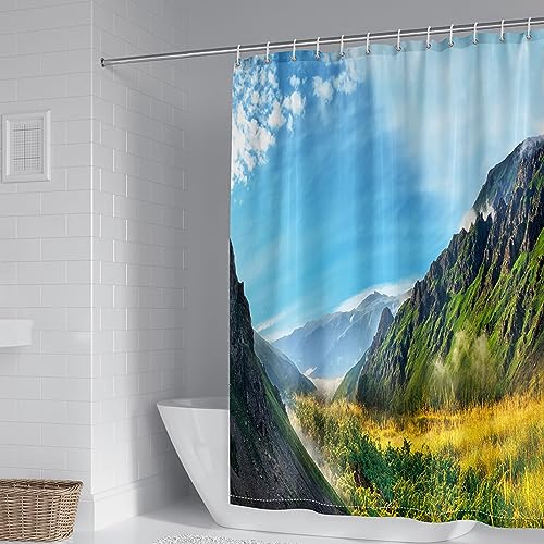 Musihy Rideau de Douche de Salle de Bain, 90x180cm Polyester Bleu Vert Paysage des Gorges de Montagne Rideau de Salle de Bain avec Crochets en métal et...