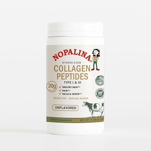 Nopalina Polvo de péptidos de colágeno hidrolizados, tipo I y III, colágeno bovino criado en pastos alimentados con pastos, 0.71 oz por porción, sin
