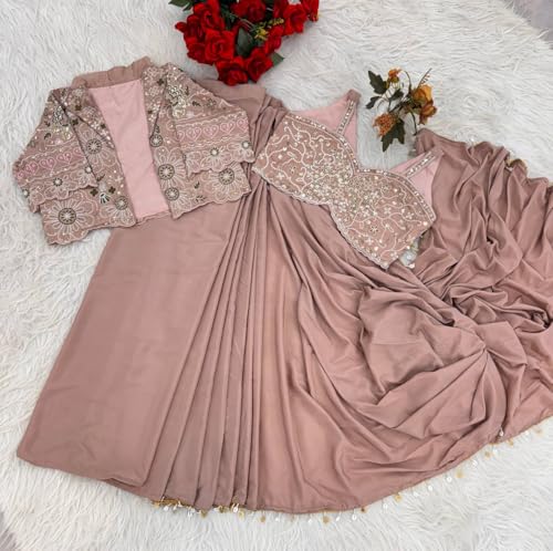 Image of infabzon Ready To Wear Indo Western Drape Saree & Koti Set For Womens Bollywood Style Satin Creap Silk fabric With Multicolor Embrodery Cording Sequance Work Pink