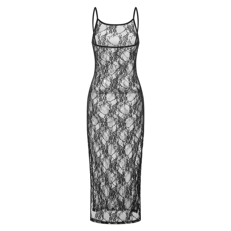 Sexy See Through Sheer Mesh Maxi Dress Sleeveless Lace Patchwork