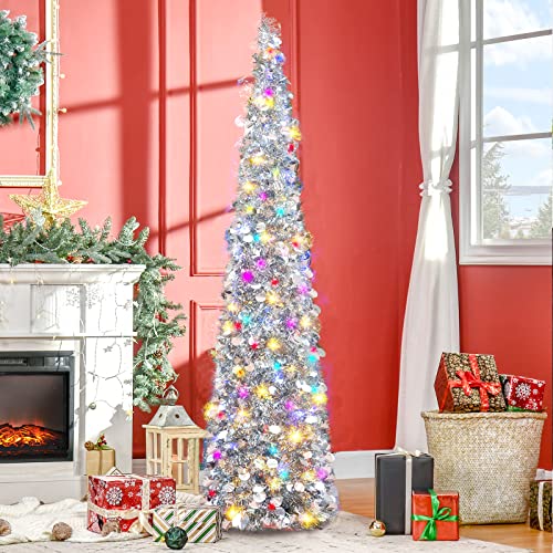 5Ft Pop Up Christmas Tinsel Slim Trees W/50 Colorful Lights, Collapsible Artificial Pencil Xmas Tree Reusable W/Plump Shiny Sequins For Fireplace Office Classroom Decor-Silver #TOP4