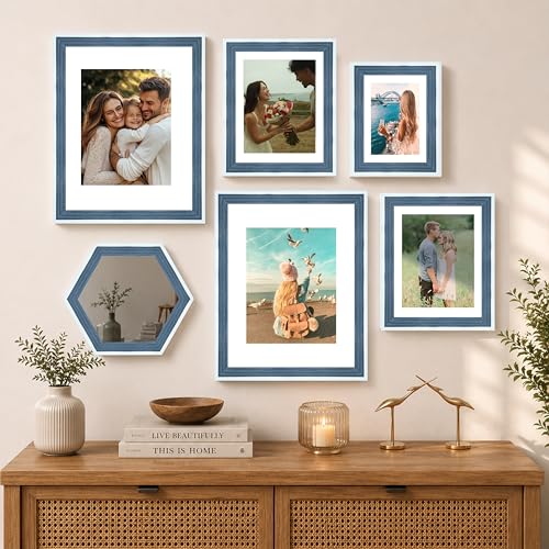 Image of Art Street Blue Gallery Wall Photo Frame Set with Hexagon Mirror | Modern Collage Timeline Wall Decor for Living Room, Bedroom & Family Memories | Multi Size Frame Set
