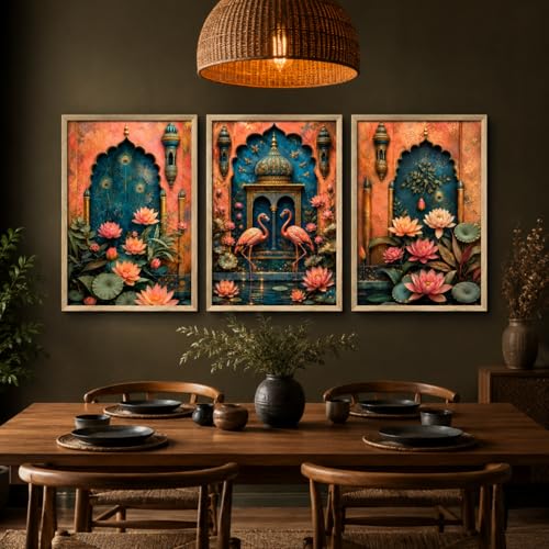 Image of Artify Set of 3 Lotus Palace Flamingo Wall Painting for Living Room Bedroom Hall Decor, Premium Wooden Synthetic Frame Artistic Gift
