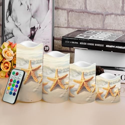 Image of Starfish Beach Flameless Candles with Remote Flickering Led Candles with Timer Set of 4 Electric Pillar Candles Battery Operated Fake Candles for Kitchen Room Home Decor