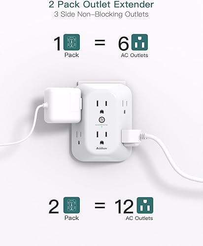 Miniatura 2 de Paquete de 2 extensores de salida con protector de sobretensión, divisor de tomacorriente, 6 tomas de corriente alterna de pared, adaptador de