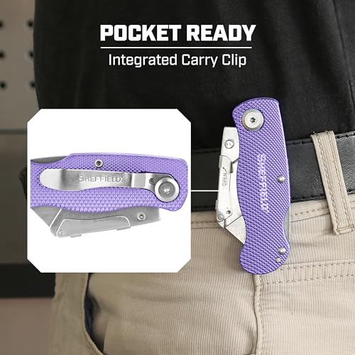 Image of Sheffield Lock Back Utility Knife 3 Pack with 10 Utility Knife Blades | Box Cutter with Aluminum Texture Grip Handle, Features Pocket Clip, Patented Quick Change Utility Blade Mechanism