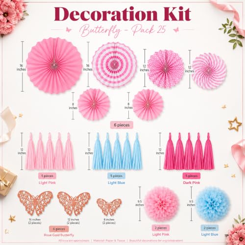Image of AMFIN (Pack of 25) Butterfly Theme Birthday Decoration Kit Metallic Finish Women Girls Item Pink Blue Rainbow Flower