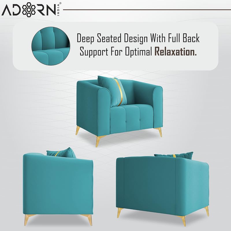 Image of Adorn India Premium Mystic - 3 Years Warranty - 3+1+1 Sofa Set Velvet Suede Fabric - Aqua Blue