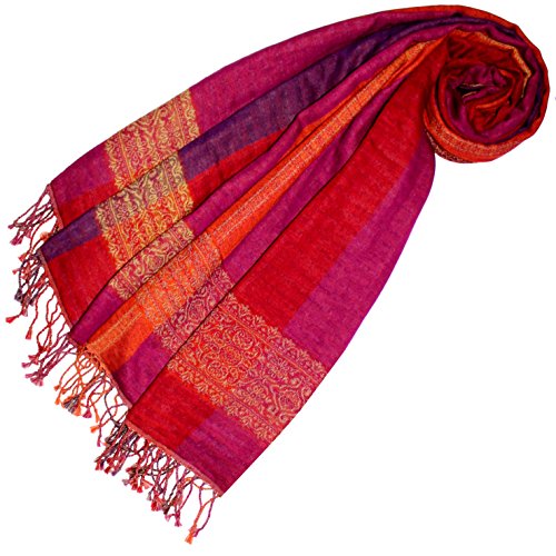 LORENZO CANA Pashmina de 90% Cotton et 10% Laine pour la femme – écharpe avec de laine merino - 70 cm x 180 cm - très coloré – une sensation de luxe en violet rose rouge orange, motifs indiens