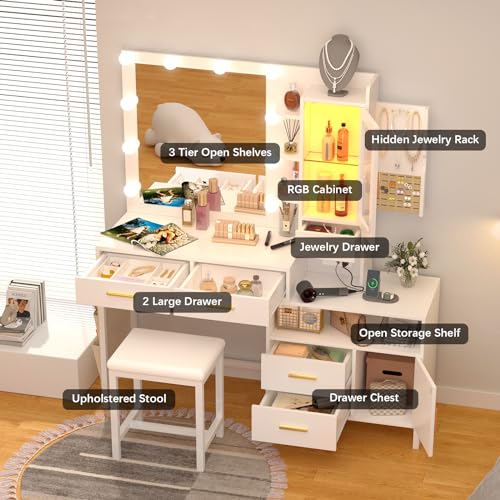 CSZZD White Makeup Vanity Desk with Mirror and Lights, Vanity Table Set with Charging Station & LED Cabinet, Vanity Mirror with Lights Desk and Chair, Dressing Table with Drawers & Hidden Jewelry Rack