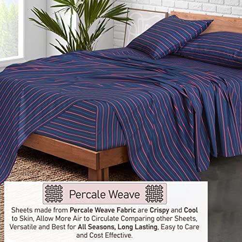 RUVANTI 100% Cotton Sheets Queen Size Set, 4 Pieces, Soft & Breathable Percale Weave Bedding, Deep Pocket 16", Hotel Standard, Crisp Cool Feeling, Durable, Perfect Striped Bed Sheet, Nautical