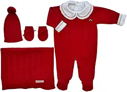 Kit Saída de Maternidade 5 Peças Com Body Algodão, Macacão Tricô, Manta, Touca e Luva Para Bebê Recém Nascido Menina/Paris