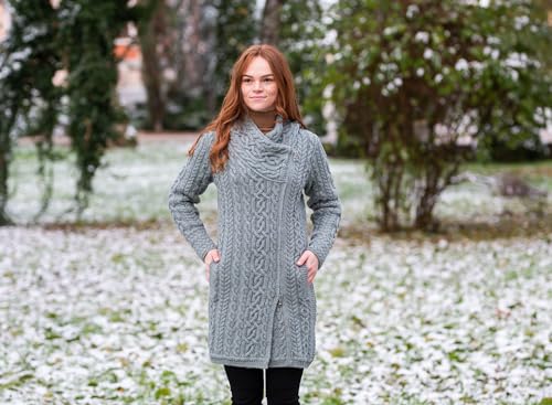 Image of SAOL Ladies Irish Aran Zip Cardigan - 100% Merino Wool Coat with Pockets and Hood, Made in Ireland
