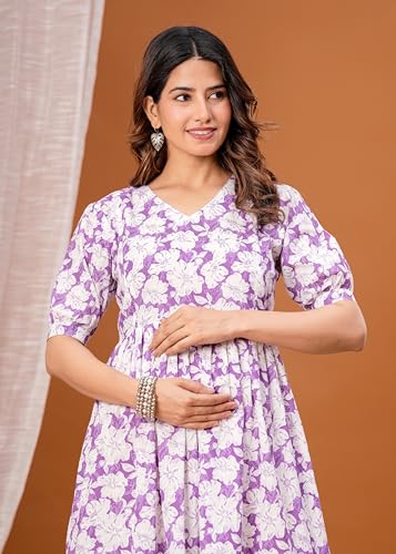 Image of Women's Feeding Kurta Cotton | Floral Anarkali Pregnancy Kurta with Nursing Zipper | Pre & Post Partum | Maternity Dresses | Mom to Be Gift