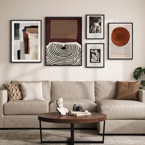 Large Framed Black and White Abstract Wall Art for Living Room, 5 Piece Neutral Canvas Prints Paintings Artwork for Walls, Mid Century Modern Pictures Wall Decor for Bedroom Dining Room Office