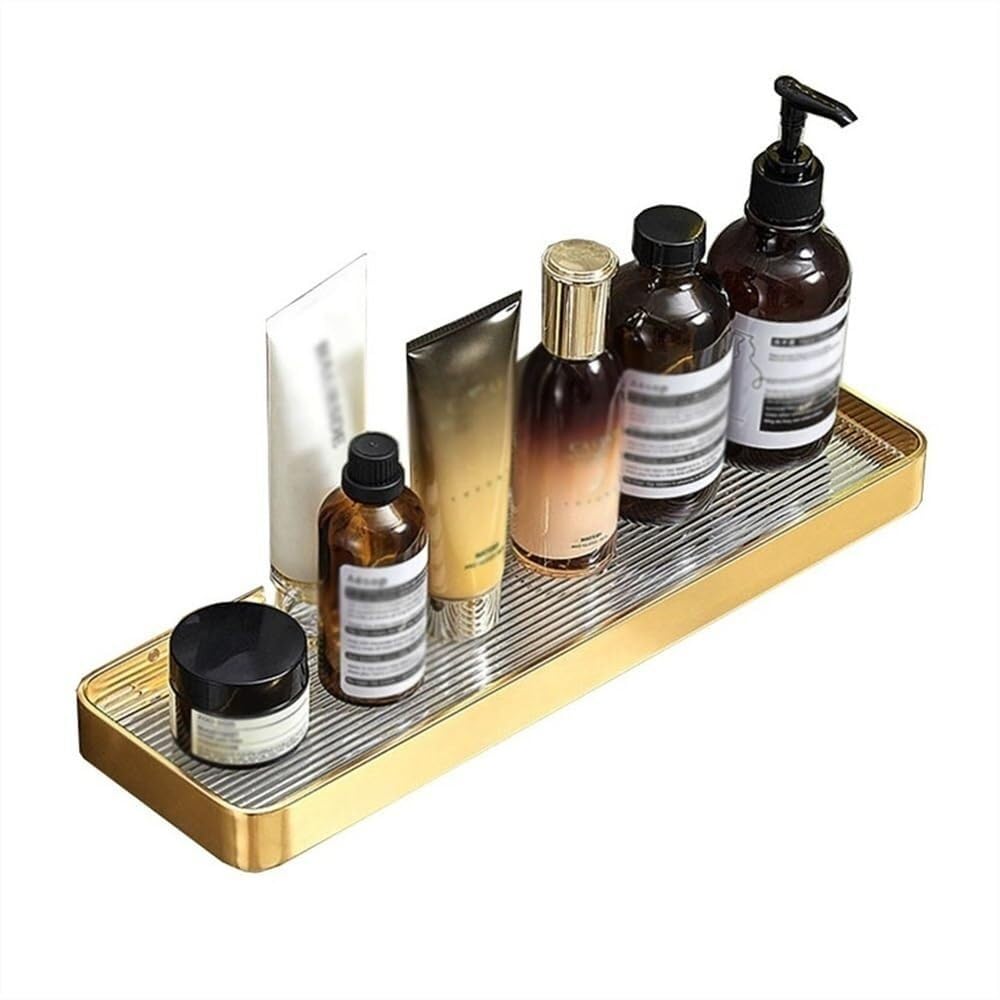 Bathroom Shelves Brushed Gold Shower Caddy Aluminum Bathroom Shelves Wall Mounted No Drilling Floating Decorative Storage Shelves For