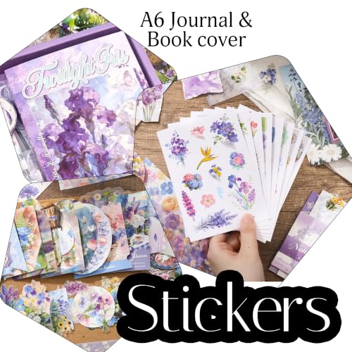 Image of The AutoStory Vintage Scrapbook Album Kit - A6 Junk Journal Notebook with Aesthetic Stickers, Collage Paper Pack & Washi Tape - DIY Journaling Supplies Gift for Teens & Girls (Twilight Iris, Purple)