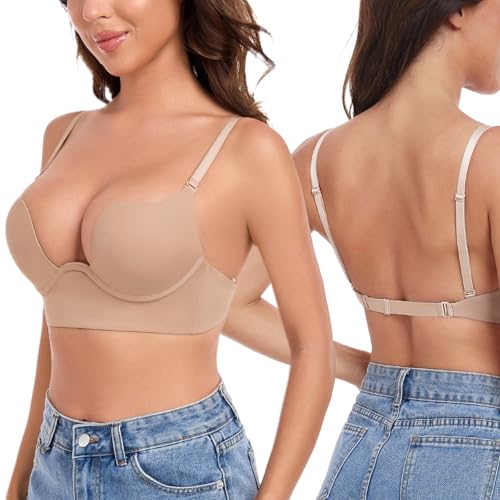 Lemorosy Plunge U Backless Push Up Bra Multiway Convertible Low Cut Lifting Support Underwire Bras for Women
