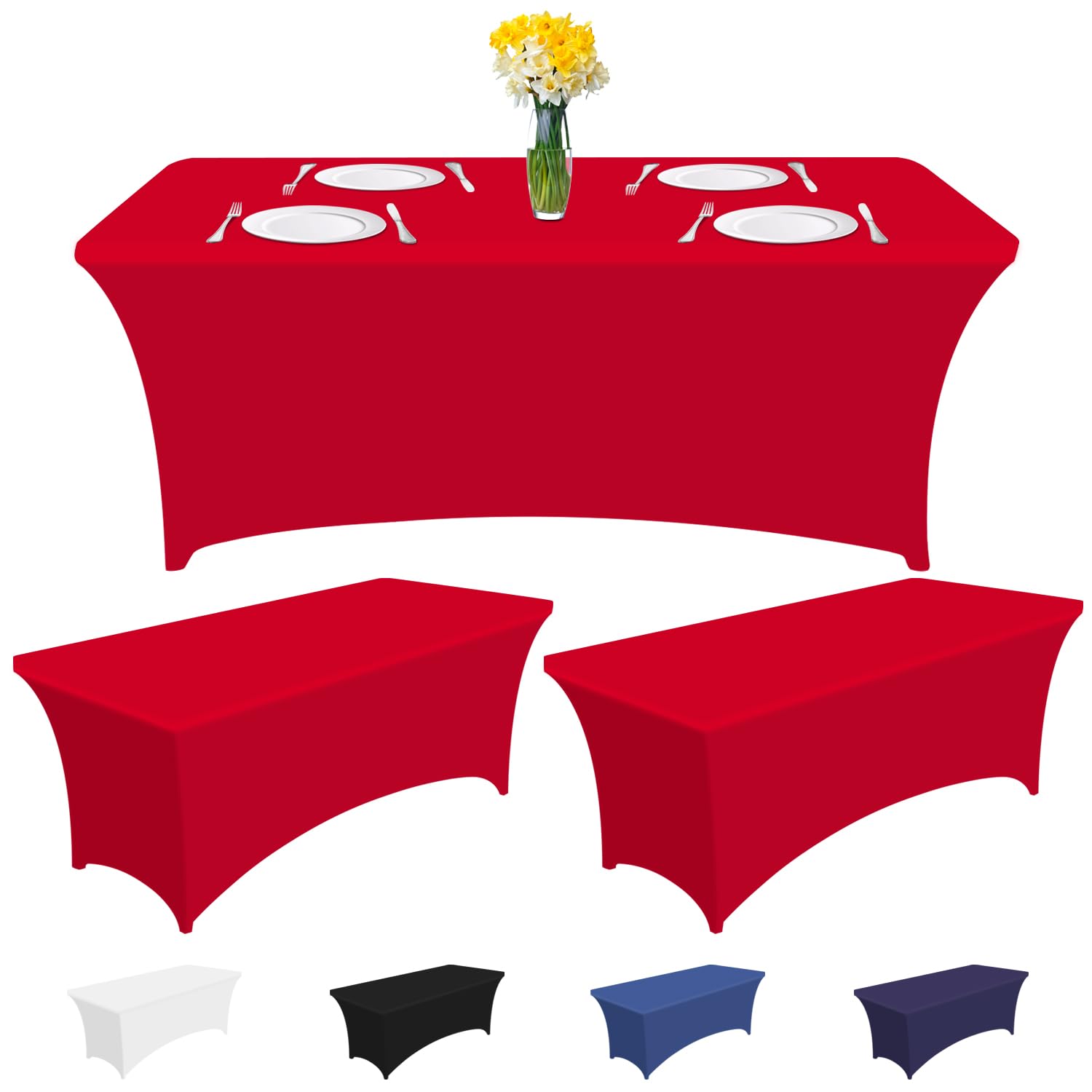 3 Pack (4FT) Red Stretch Rectangular Tablecloth, 90% Polyester, 10% Spandex, Wrinkle Resistant, Washable, for Events, Weddings, Banquets & Parties