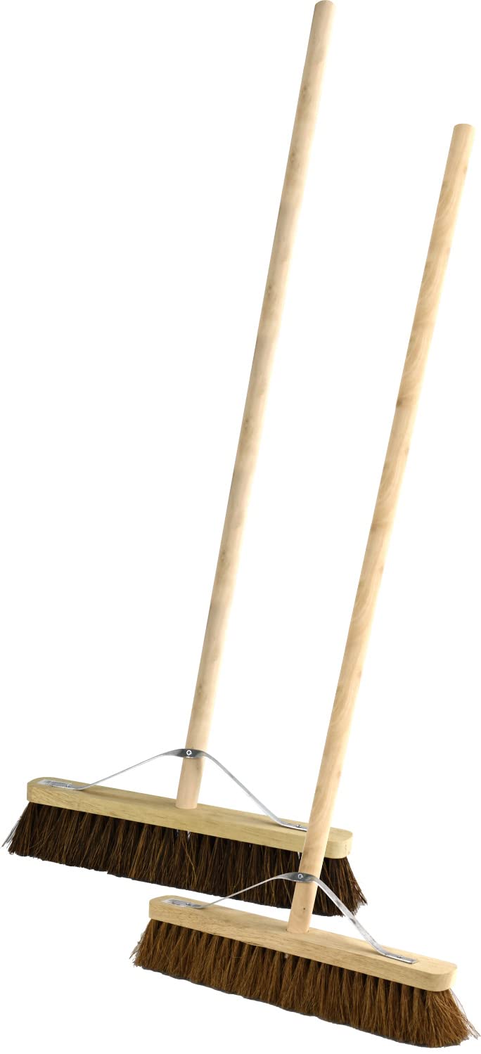 Twin Pack Wooden Sweeping Brooms Bassine Stiff Outdoor and Soft Coco Brush with Wooden Handles 18"