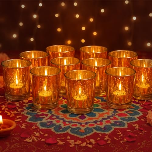 Image of TIED RIBBONS Pack of 12 Glass Tealight Candle Holders Glass Votives - Diwali Decorations Items for Home Decor Dining Table Gifts (Big Size, Golden)