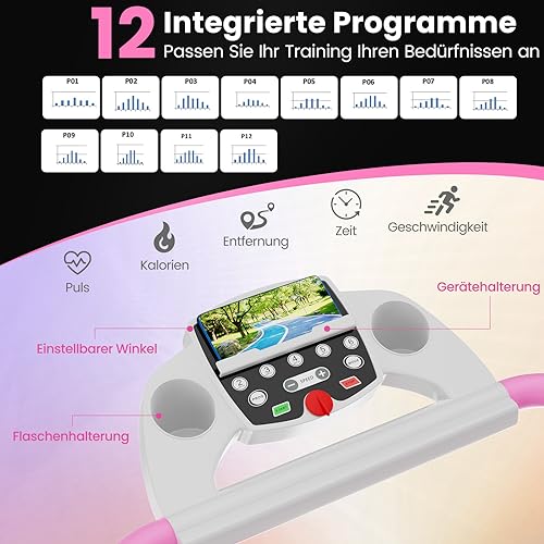 COSTWAY Inklapbare loopband voor thuis, joggingapparaat met 12 vooraf ingestelde programma's, lcd-display, transportwielen, flessenhouders en hartslagsensoren - Afbeelding 4