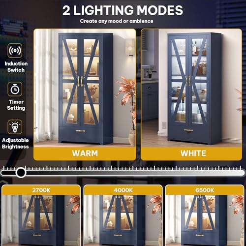 DWVO Display Cabinet with LED Lights, 61" Metal Display Case with Glass Barn Doors for Collectibles, Organizer Cabinet with 3 Adjustable Shelves and Drawer for Living Bedroom, Office, Navy Blue