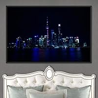 Framed Canvas Wall Art City Illuminations Aerial Cityscape Contemporary Multicolor Photography Places Realism - 16x24 inches