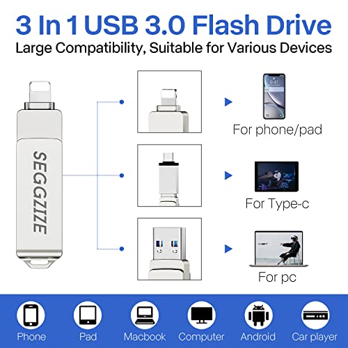 Seggzize 128Gb Photo Stick For Iphone Memory Stick For Photos And Videos,3 In 1 Iphone Flash Drive External Storage, Usb 3.0 Flash Drive For Iphone,Ipad,Type C Devices,Computer,Mac #TOP1