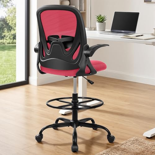 Image of Primy Drafting Chair Tall Office Chair with Flip-up Armrests Executive Ergonomic Computer Standing Desk Chair with Lumbar Support and Adjustable Footrest Ring (Fire Brick)