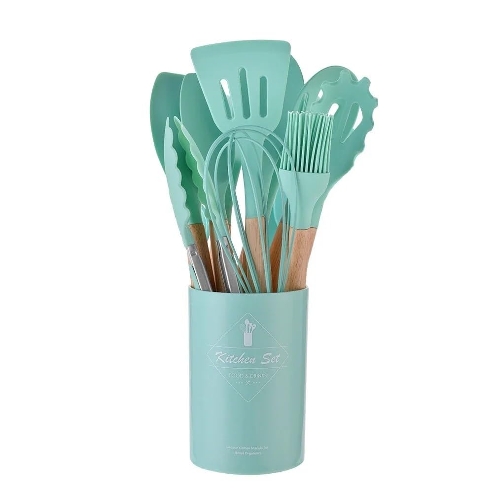 12-teiliges Silikon-Kochutensilien-Set mit Holzgriff, Küchenhelfer, Antihaft-Kochgeschirr, Spatel, Schaufel, Ei, Küchengeschirr, Schlägel (grün, 12 Stück)