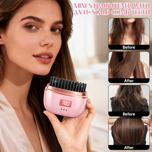 Image of VONT Mini Hair Straightener,Cordless&Rechargeable Portable Hair Straightener Brush with 3 Temperature Setting,Portable Electric Hair Brush 30s Heating,Mini Straightening Brush for Home & Travel (pink)