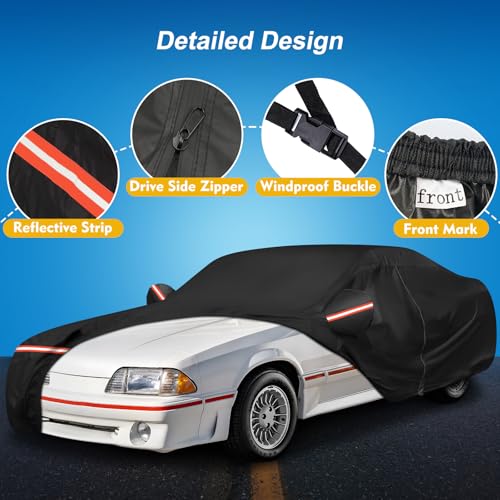 Image of QUNSUNUS Waterproof Car Cover for Ford Mustang 1979-1993, Outdoor Car Covers with Zipper, All Weather Full Exterior Cover with Straps and Elastic Edges for Wind, Sun, UV and Dust Protection