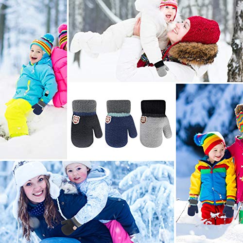 Gerlobal 3 Pairs Toddler Gloves Winter Mittens for Baby Boys Girls, Kids Warm Fleece Lined Knit Mittens with String (Black/Grey/Navy, 0-3 Years) - Thumbnail 3